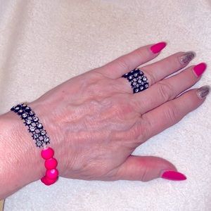 Vintage ring and bracelet beaded with rhinestones mesh.